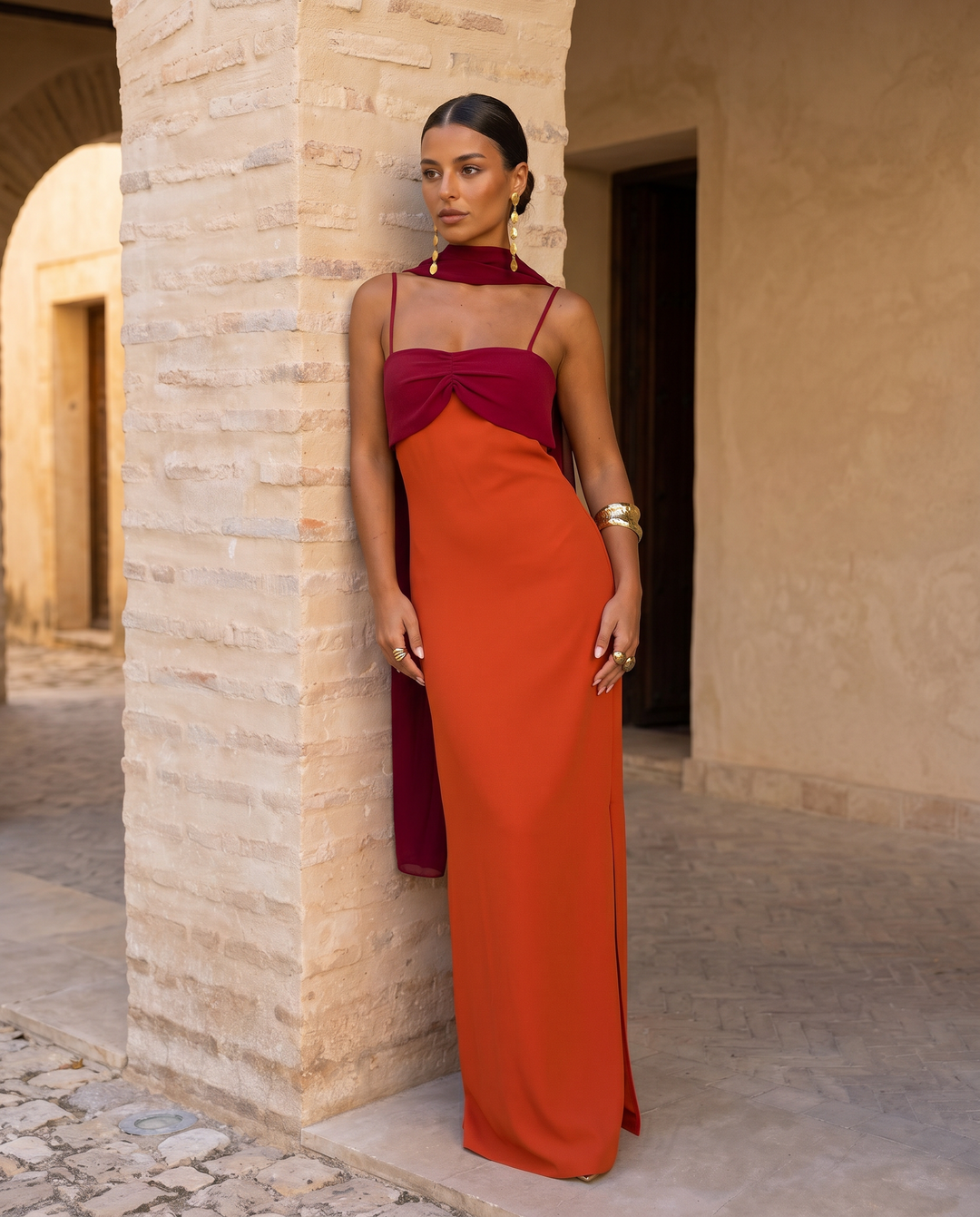 Zahara — Vestido invitada bicolor (maxi + pañuelo)