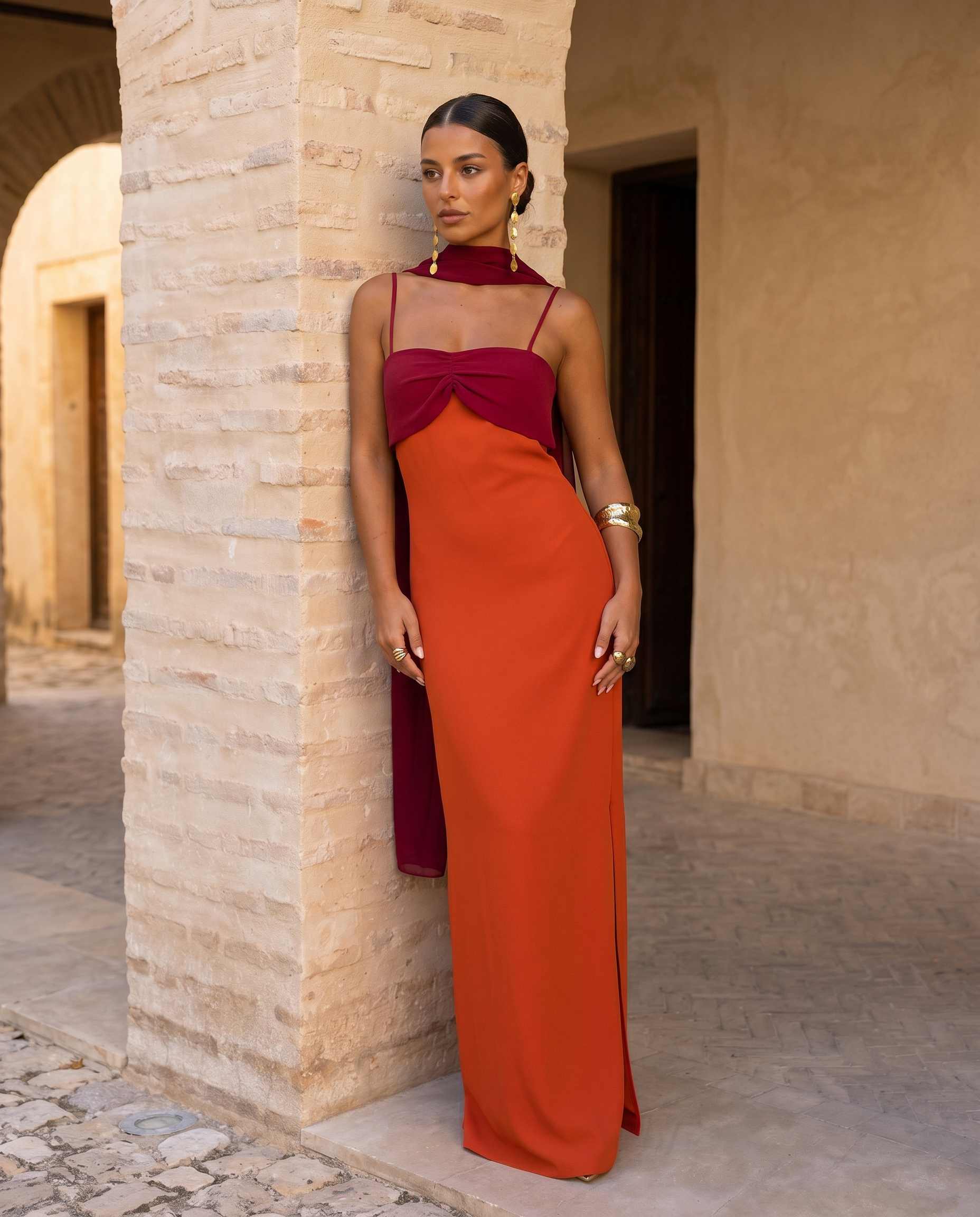Zahara — Vestido invitada bicolor (maxi + pañuelo)