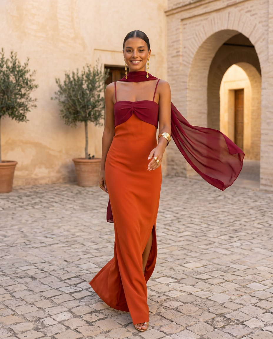 Zahara — Vestido invitada bicolor (maxi + pañuelo)