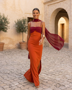Zahara — Vestido invitada bicolor (maxi + pañuelo)