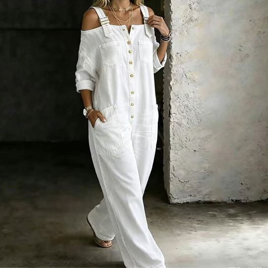 Mono Olivia | Escote Bardot, Pierna Ancha y Bolsillos — 11
